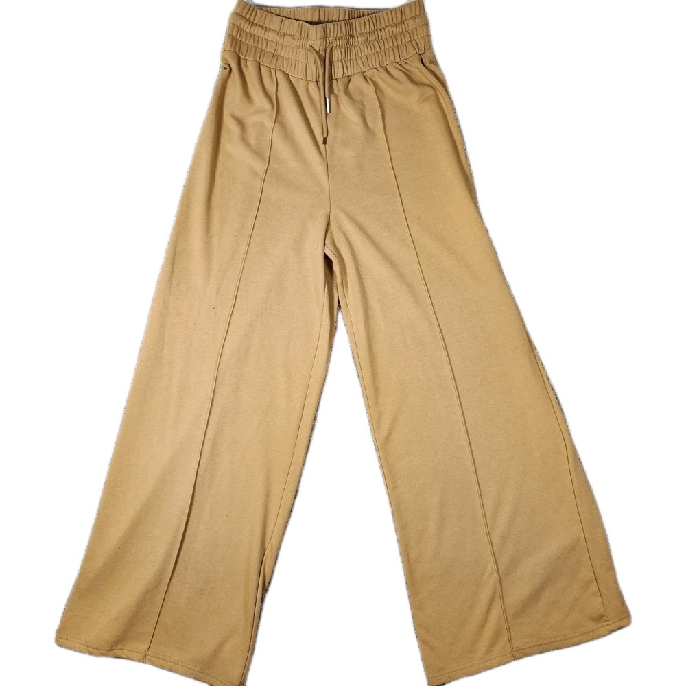 Cousin Couture Tan Wide‎ Leg Pants Women's Large High Waist Elastic Drawstring